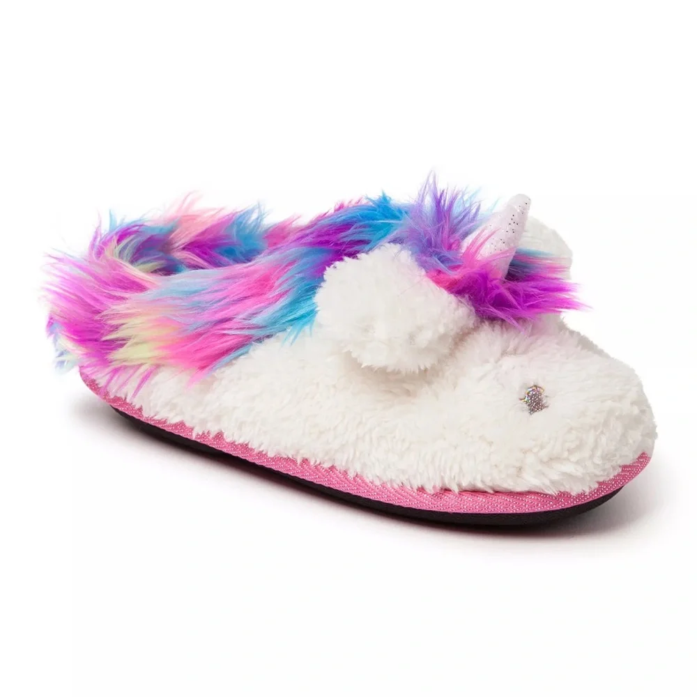 Dearfoams Unicorn Plush Slippers with Rainbow Mane size 4-5